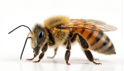 Honeybee yellow, brown striped body on gray background. Black stripes on legs, wings, striking visual contrast. Bee in mid-flight, wings spread out, head down. Yellow striped insect on gray