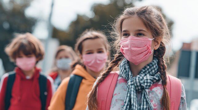 education, healthcare and pandemic concept - group of elementary school students wearing face protective medical masks for protection from virus disease with backpacks walking and talking outdoors, n