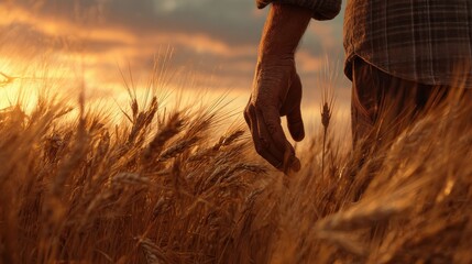 Farmer walking down the barley field in sunset touching barley ears with hands