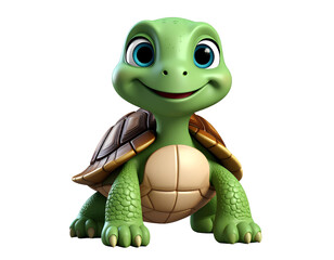 Fototapeta premium Cute Cartoon Turtle Sitting with Big Eyes and Blush on Cheeks, Transparent PNG.