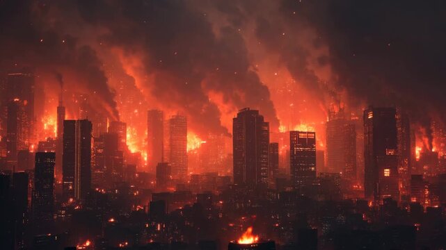 Cinematic shot of a burning city skyline at night, high-rise buildings engulfed in flames and thick black smoke, glowing embers in the air