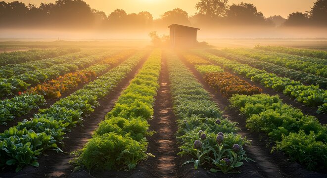 A misty sunrise over rows of crops in a field with a small building in the background on a farm land - Powered by Adobe