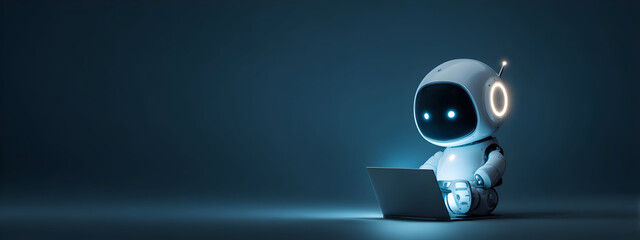 Cute AI robot working on a laptop glowing with white light, banner format   -