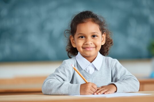 Smiling Schoolgirl in Classroom - Powered by Adobe
