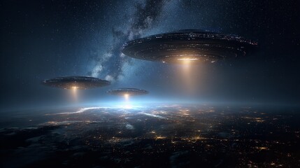 Obraz premium Unidentified flying objects descends over a city at night with distant on transparent background