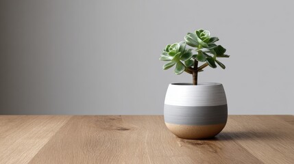 A small plant sits in a white and gray pot on a wooden table