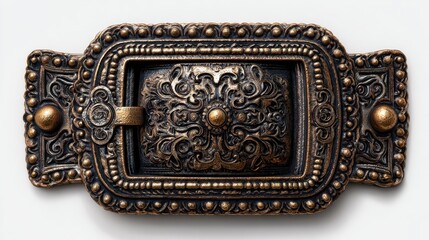 A detailed view of a single belt buckle on a white background