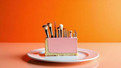 Makeup brushes displayed in a slice of cake on a white plate.