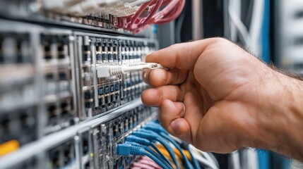 Close-Up of technician plugging patch cable in a rack mounted server in server room, no logos, no brands