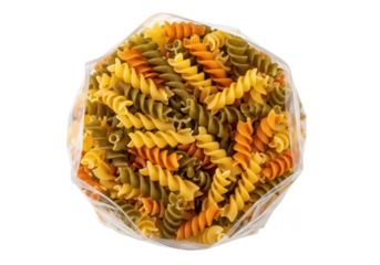 Tri color fusilli pasta in clear plastic bag against tricolor