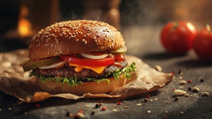 Burger poster fast food menu design elements. Template of fast food menu ad or burger banner cafe menu. Vintage style layout with burger, no logos, no brands