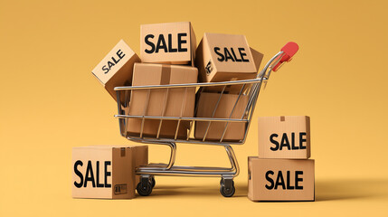 Shopping cart overflowing with boxes labeled "SALE", coupon black friday, vectr style