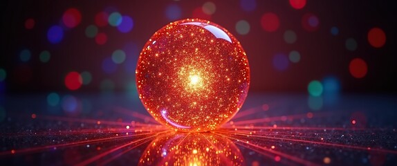 Glowing Red Orb with Radiant Sparkles on reflective surface