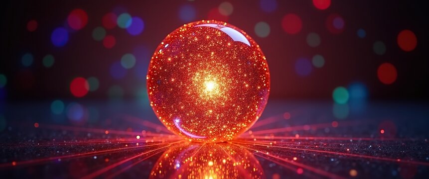 Glowing Red Orb with Radiant Sparkles on reflective surface - Powered by Adobe