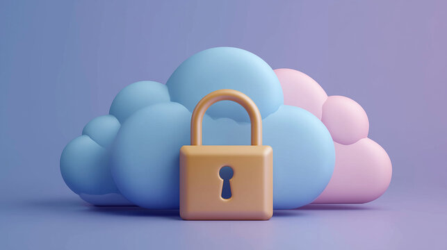 Cloud storage being secured by a digital padlock, security in internet, vector style