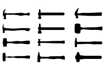 Hammer silhouette set building tools black and white carpenter equipment
