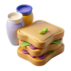 Stacked peanut butter and jelly sandwiches with jars isolated on a transparent background