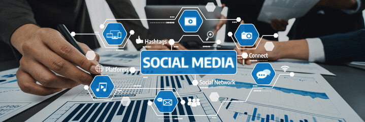Explore a dynamic workspace showcasing social media marketing strategies with analytics, emphasizing collaboration and innovative approaches to digital engagement and growth. Amity