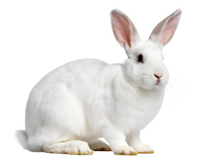 Fototapeta premium Full Body Side View of a White Rabbit Sitting Calmly, PNG Cutout with Transparent Background.