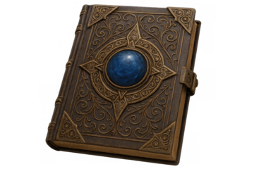 Ornate, antique book with a blue gemstone, isolated on transparent background, suggesting a mystical or magical theme