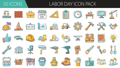 Labor Day themed icons for work and industry - Colorful Labor Day icon pack featuring tools, gear, construction elements, safety gear, and worker-related symbols for design use.