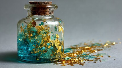 gold flake dissolve in aqua regia acid solution glass bottle .
