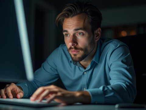 Jeune professionnel concentr&eacute; travaillant tard le soir devant son &eacute;cran dans un bureau sombre
