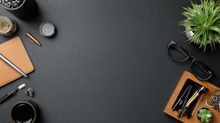 High angle view of businessman desk with organizer, pen, glasses and green plant. Top view of office supplies on blackboard background with copy space., no logos, no brands