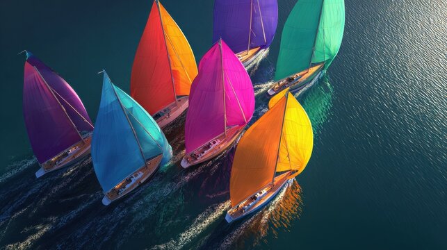 A colorful sailboat race, with vibrant spinnakers billowing in the wind, captured in a dynamic aerial view.