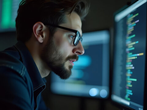 Jeune développeur concentré travaillant sur des lignes de code devant plusieurs écrans d’ordinateur modernes
