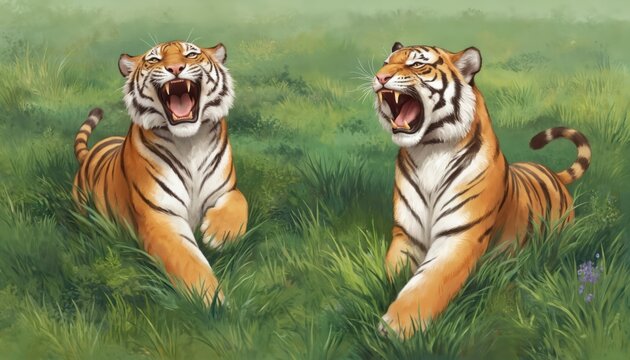Two tiger statues lie on a grassy field. One tiger roars, mouth open. The other tiger is peaceful, eyes closed. Vibrant tiger colors against blurred green grassy background.