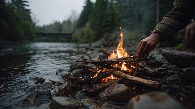 hand gather wood for campfire near river .