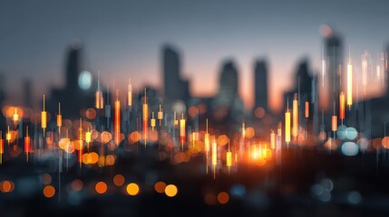Creative glowing big data forex candlestick chart on blurry city background. Trade, technology, investment and analysis concept. Double exposure, no logos, no brands