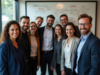 Équipe souriante réunie pour une session de travail stratégique devant un tableau de planification
