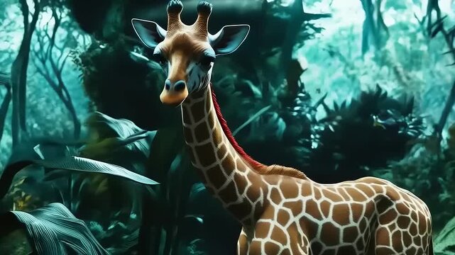 Gentle giant, Giraffe in lush equatorial green jungle foliage with diffused sun
