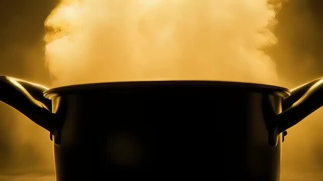Ethereal vapors rise from a steaming black cooking pot on a gradient gold background