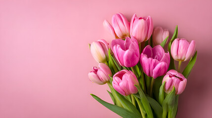 Obraz premium Bouquet of Fresh Pink Tulips Against Soft Pink Background in Minimal Floral Composition