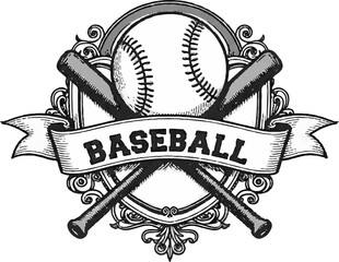 A vintage baseball emblem showcases two crossed bats behind a baseball, all set within an intricate decorative frame. This design highlights the essence of baseball.