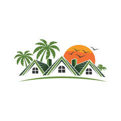vector illustration of a house. house with palm trees tropical island with palm tree and sea beach house and tree.