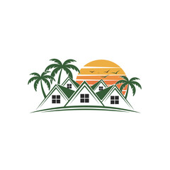 vector illustration of a house. house with palm trees tropical island with palm tree and sea beach house and tree.