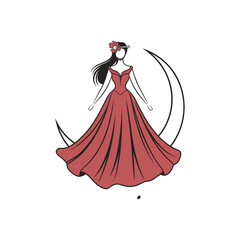 woman in red dress with fashion logo, Beauty parlour, fashion house, modeling, jewellery, design, style, jeans, jacket, shoes, 