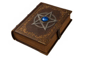 Antique leather grimoire with pentagram design, blue gem centerpiece, floating against transparent backdrop, ideal for mystical artwork