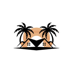 tropical island with palm tree and sea beach house and tree.