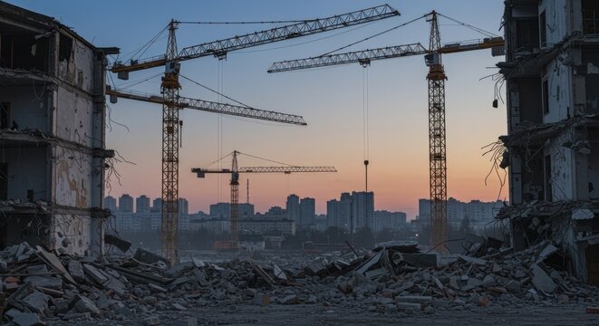 Demolished buildings and cranes at dawn