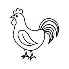 Vector art of a cartoon chicken with a feathery tail is isolated on white background, standing in profile