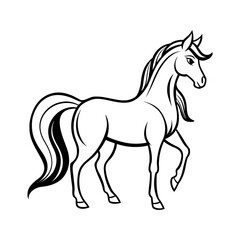 Obraz premium Vector art of a cartoon horse with a flowing mane is isolated on white background, standing in profile