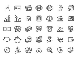 お金、金融、投資のシンプルなラインアイコンセット