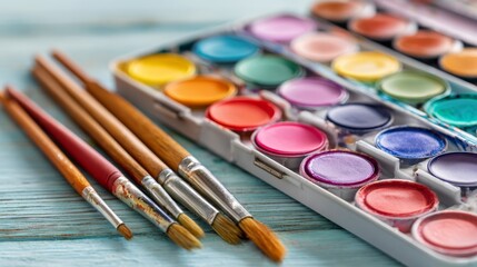 Watercolor paint palette with brushes in soft pastel arrangement