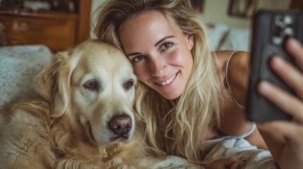Smiling woman with blond hair with golden retriever dog, taking selfie on cell phone.