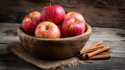 Rustic bowl of fresh apples and cinnamon sticks
